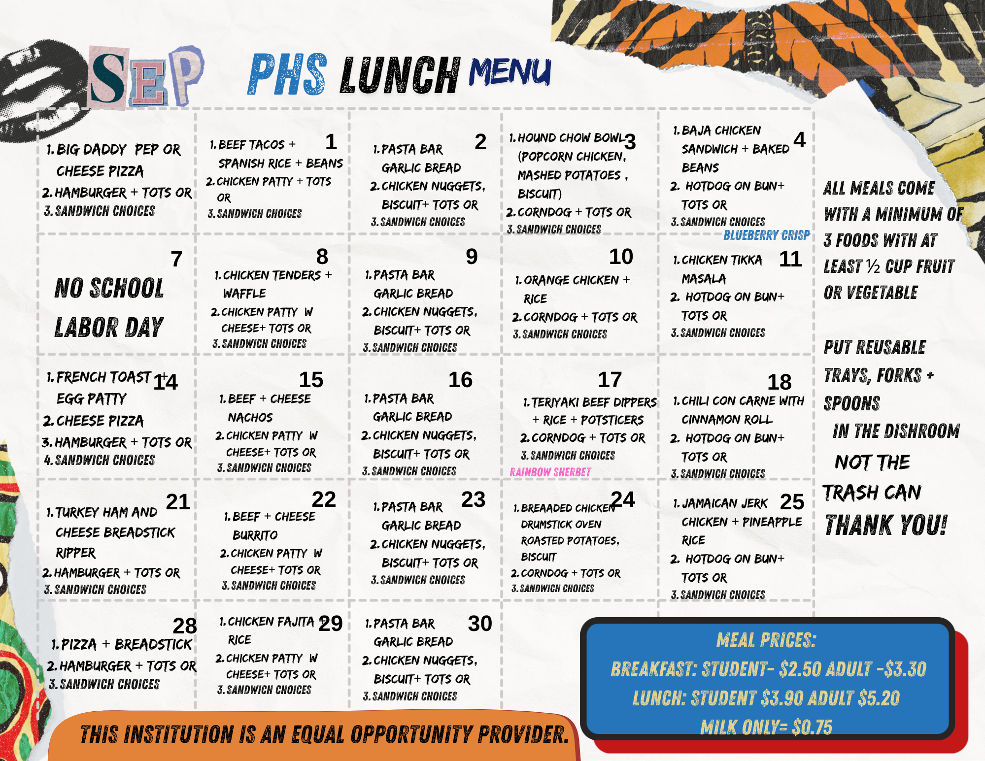 Pullman High School September Lunch Menu